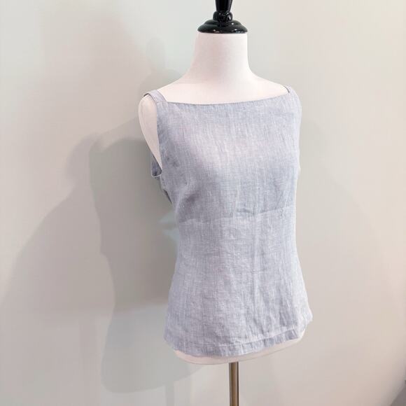 Vintage 90s Square Neck Tank Top Size 40 Large Blue 100% Linen Back Button Close - Picture 3 of 16